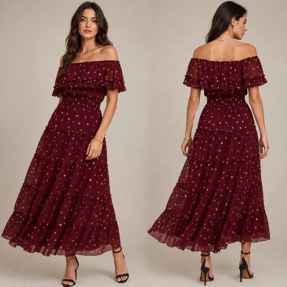 Vince Camuto Maxi Dress M Gold Foil Accent Tiered Off Shoulder Wedding Boho Chic